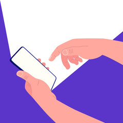 Wall Mural - one hand holds a smartphone and the other touches the screen. white light from the smartphone. mocku