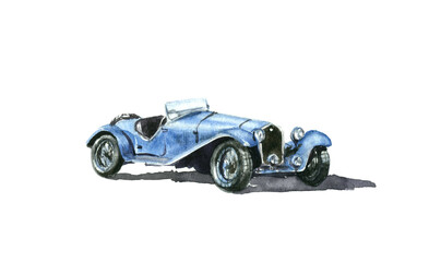 Watercolor drawing isolated blue italian retro car