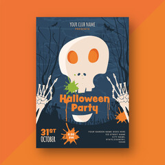 Poster - Halloween Party Invitation or Flyer Design with Skull, Skeleton Hands on Blue Graveyard Forest Background.