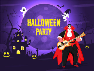 Sticker - Yellow Halloween Party Text in Dripping Style with Vampire Man Playing Guitar, Cartoon Ghosts, Haunted House and Jack-O-Lanterns on Full Moon Purple Graveyard Background.