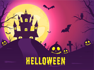 Poster - Dripping Halloween Text with Jack-O-Lanterns, Bats Flying, Owl, Haunted House and Graveyard View on Full Moon Purple and Pink Background.