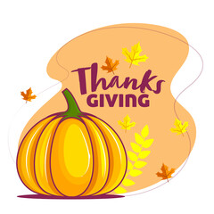 Sticker - Thanksgiving Day Poster Design with Pumpkin and Autumn Leaves on Light Orange and White Background.