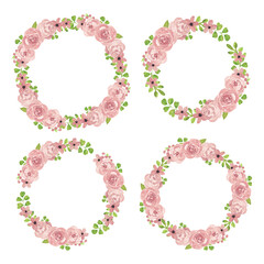 Wall Mural - Watercolor pink rose floral wreath collection