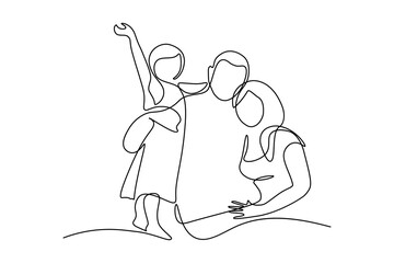 happy family in continuous line art drawing style. united family portrait of parents and their littl