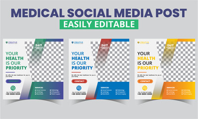 Wall Mural - Medical social media post design Vector editable templates. Modern geometrical shapes composition square Promo Social Media Healthcare Post Layouts Timeline Web Banner & Poster with photo collage.