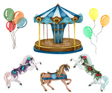Watercolor Old Carousel Illustration. Christmas Market. Hand Drawn Round Attraction In Blue Color. Winter Fair.