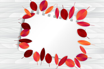 Wall Mural - Autumn leaves background. Fall banner template. Red and orange foliage on torn out sheet of paper. Thanksgiving season holiday concept. Realistic 3d vector illustration.
