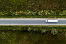 Large Freight Transporter Semi-truck On The Road, Aerial View