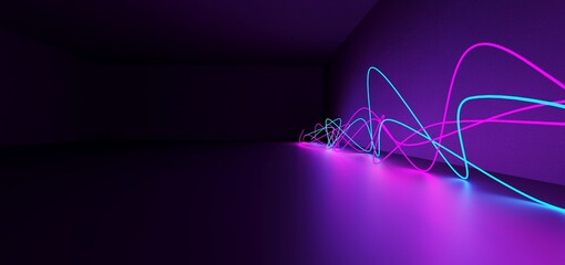 Wall Mural - Abstract architectural minimalistic background. Laser show in the ultraviolet spectrum. Modern  impulse tunnel. Futuristic space sci-fi pulse neon backlight. 3D illustration and rendering.