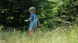 © MEDIAIMAG - Funny little child with blond hair and denim overall run and look back in green nature, run from danger