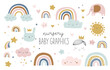 Set of cute baby and kids graphics, illustrations in Scandinavian style. Rainbow, cloud, star, elephant, rain, bunny, prince, crown, sun, sky. Posters, greeting cards, invitations, clothing.