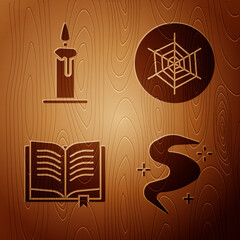 Set Magic fog or smoke, Burning candle in candlestick, Ancient magic book and Spider web on wooden background. Vector.