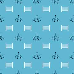 Poster - Set Baby crib hanging toys and Baby crib cradle bed on seamless pattern. Vector.