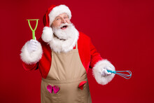 Photo Of Crazy Modern Style Chef Santa Claus Hold Kitchenware X-mas Dinner Cook Wear Red Costume Headwear Apron Isolated Bright Shine Color Background