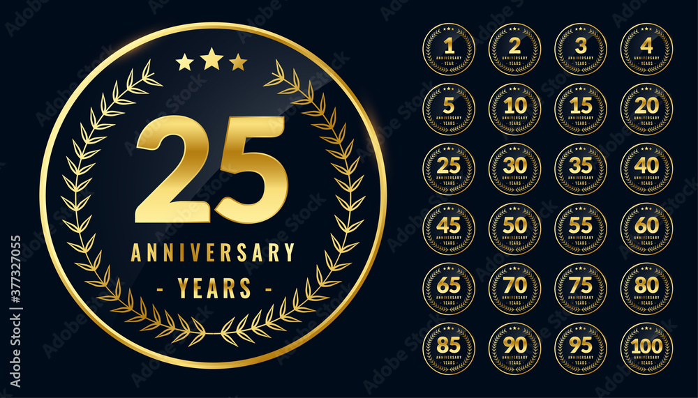 set of rounded anniversary golden labels or emblems - obrazy, fototapety, plakaty 