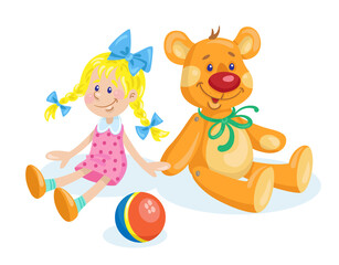 Canvas Print - Kids toys. A cute doll, a funny bear and a small ball. In  cartoon style. Isolated on white background. Vector flat illustration.