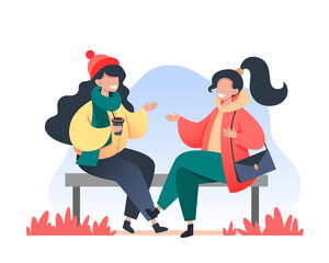 Wall Mural - Young women sit on a bench and communicate. Walking in the fresh air, meeting with a friend. Vector illustration in flat style