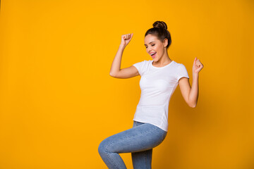 Poster - Portrait of delighted cheerful girl celebrate lucky championship victory raise fists scream yeah wear good look clothing isolated vivid color background