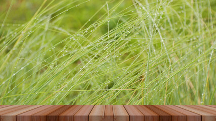 Wall Mural - water drop on green grass and wooden table for product display