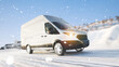 Transporter mit Lieferung fährt im Winter durch Schnee