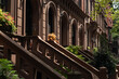 Row of Old Brownstone Homes in Lincoln Square of New York City with Staircases