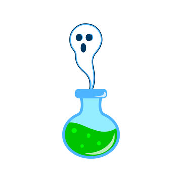 Ghost escapes from a glass bottle. Green magic potion with ghost coming out. Happy Halloween. Ghost in the glass flask. Alchemy with friendly white ghost. Vector linear illustration, flat, clip art. 
