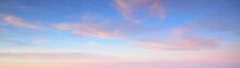 Clear Blue Sky With Glowing Pink Cirrus And Cumulus Clouds After Storm At Sunset. Dramatic Cloudscape. Concept Art, Meteorology, Heaven, Hope, Peace, Graphic Resources, Picturesque Panoramic Scenery