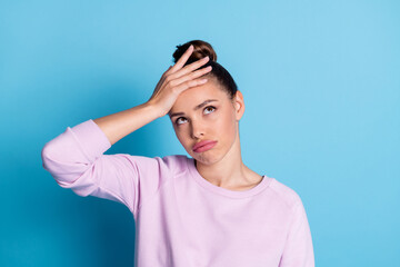 Sticker - Photo of frustrated sad girl pessimist touch hand forehead feel exhausted about work job education problems wear good look up copyspace pullover isolated blue color background