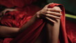 © stockbusters - Unknown lady stroking leg in bed. Naked woman resting in red silk bed.