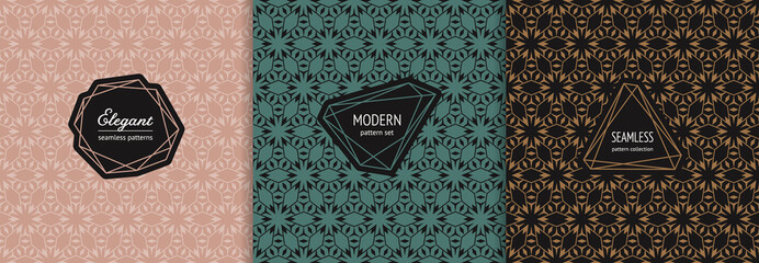 Vector geometric seamless pattern collection with stylish minimal labels. Elegant texture in Oriental style with grid, lattice, mesh, thin lines. Trendy luxury background. Decorative design template