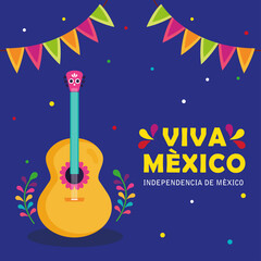 Canvas Print - viva mexico, happy independence day, 16 of september with guitar and garlands hanging decoration vector illustration design