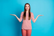 © deagreez - Photo of positive cheerful girl promoter hold hand demonstrate compare measure adverts promo wear look good outfit isolated over blue color background