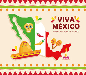 Wall Mural - viva mexico, happy independence day, 16 of september and map with traditional icons decorations vector illustration design