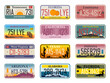 © SERHII - Abstract USA states license plates. Bundle of various vehicle registration signs or automobile identifiers in elegant vintage style.  Metal sign boards automobile plates with digits and letters,