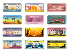 Abstract USA States License Plates. Bundle Of Various Vehicle Registration Signs Or Automobile Identifiers In Elegant Vintage Style.  Metal Sign Boards Automobile Plates With Digits And Letters,