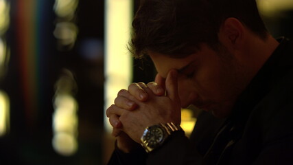 Tired man looking aside in luxury interior. Attractive boss reflecting indoors