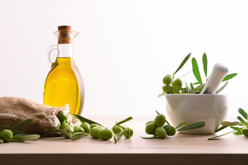 Wall Mural - Olive oil of olives from organic farming white background