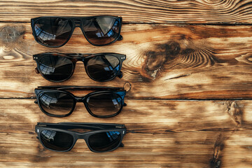 Canvas Print - Set of dark sunglasses on brown wooden surface