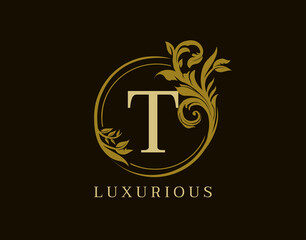 Luxury T Letter Floral Design. Circle Royal T Vintage Logo Icon.