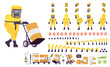 Man wearing hazmat protective clothing construction set. Worker in level A suit, coverall, chemical resistant gloves, tools, equipment, breathing apparatus. Cartoon flat style infographic illustration