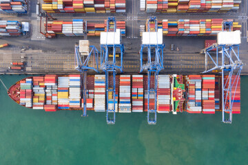 Container , container ship in export and import business and logistics. Shipping cargo to harbor by crane. Water transport International. Aerial view and top view.