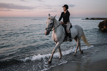 Brunette Woman Rides A White Horse Near The Sea