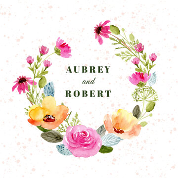 wedding badge with yellow pink flower garden watercolor wreath