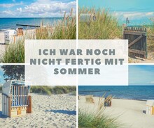 Collage Mit Sommerfotos, Strand Und Ferienhäuser Und Blauem Himmel Bei Heiligenhafen An Der Ostsee
