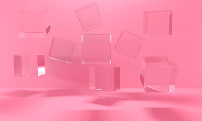 Wall Mural - Pink abstract background with shiny flying glass cubes. Backdrop design for product promotion. 3d rendering