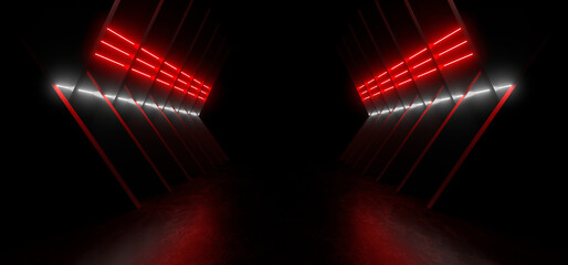 Wall Mural - A dark corridor lit by red neon lights. Reflections on the floor and walls. 3d rendering image.
