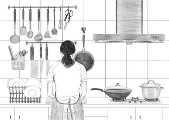 Illustration of a girl doing housework and preparing food for dinner in kitchen. A life scene background. Black and white pencil sketch drawing.
