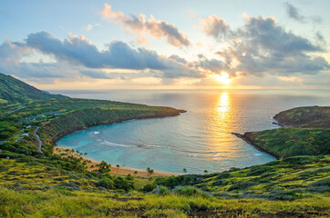 sunrise over the world famous and popular snorkeling spot of hanauma bay in honolulu on the island o