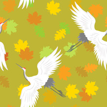 Seamless Vector Illustration With Bird Cranes And Autumn Leaves