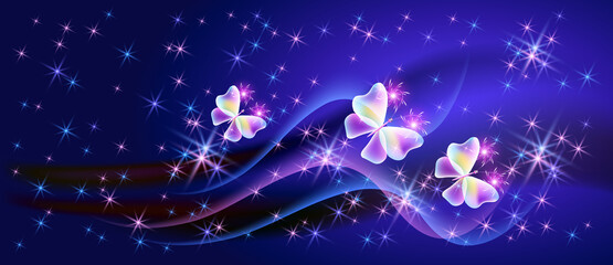 Wall Mural - Fantasy fabulous butterflies with mystical wings and sparkle glowing stars